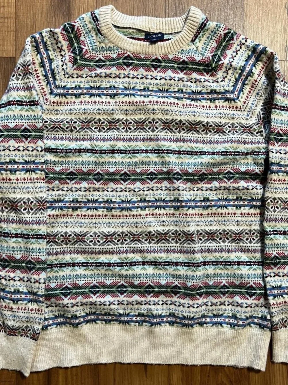 J.Crew Fair Isle Sweater Mens Large Tan Lambswool Blend Crewneck Raglan Preppy